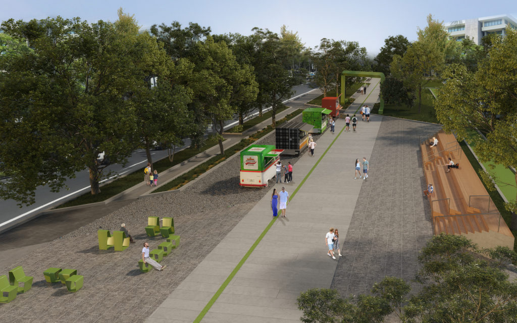 Imagem do projeto do Parque Linear da Linha Férrea, que mostra uma área para food trucks e uma área de descanso com bancos e uma arquibancada, além de uma área caminhável e jardins.
