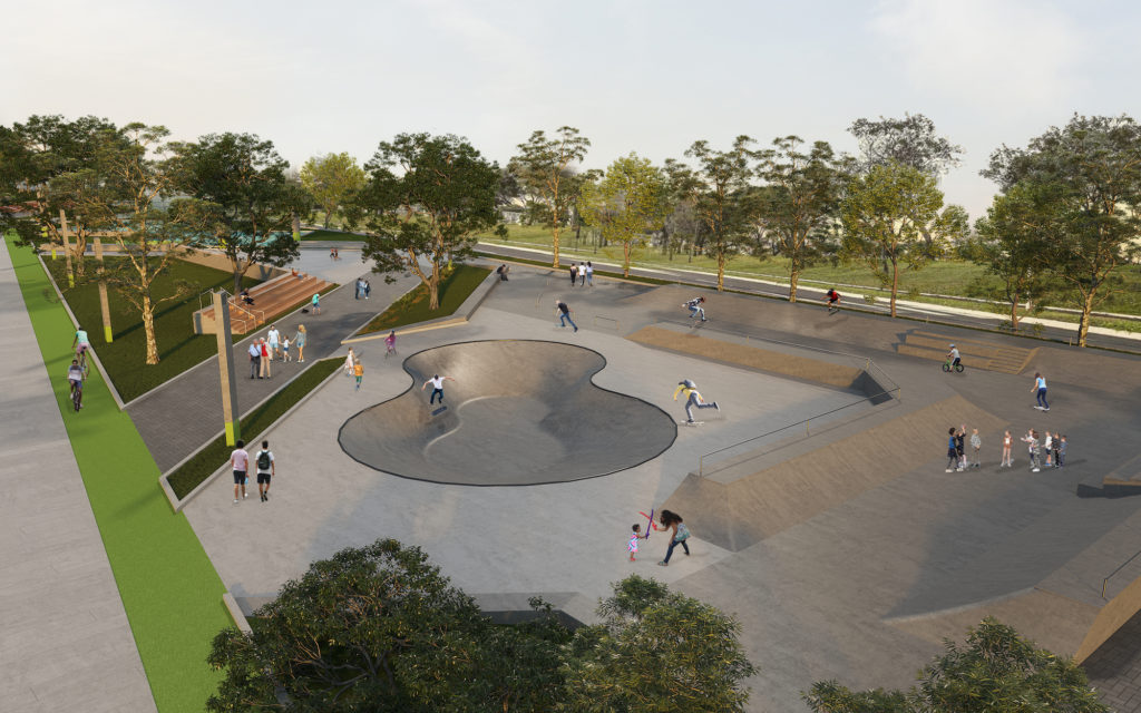 Imagem do projeto do Parque Linear da Linha Férrea, que mostra a pista de skate com arquibancada, ciclovia e jardins em volta.