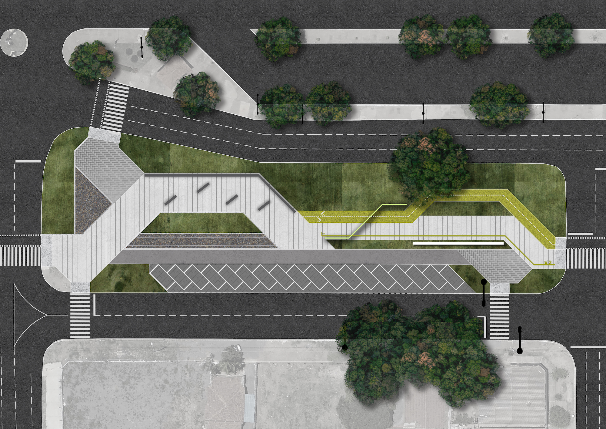 Planta da Quadra 01 do Parque Linear da Linha Férrea, que possui um memorial, bancos, jardins, áreas caminháveis, ciclovia e estacionamento