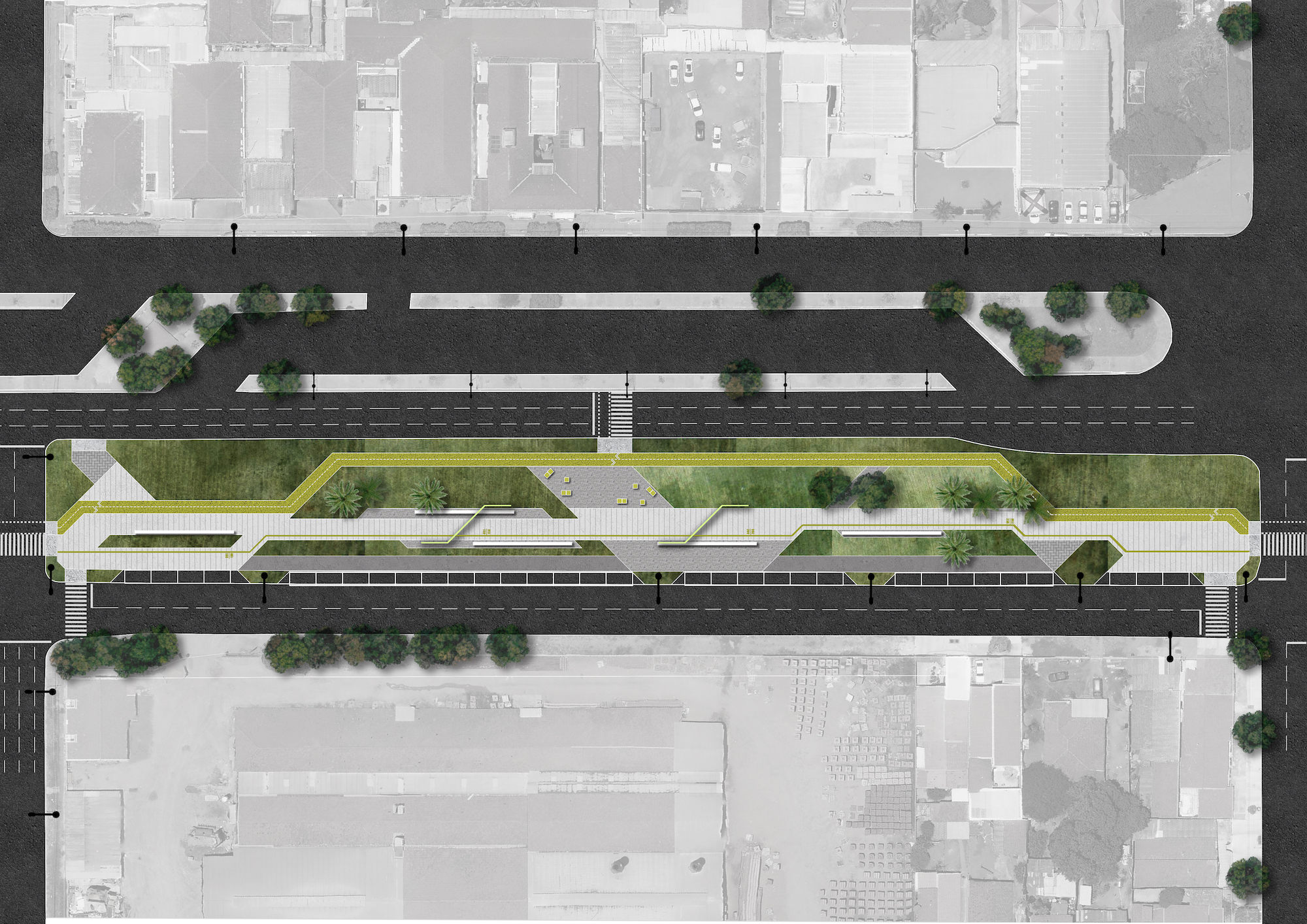 Planta da Quadra 02 do Parque Linear da Linha Férrea, que possui bancos, jardins, áreas caminháveis, ciclovia e estacionamento