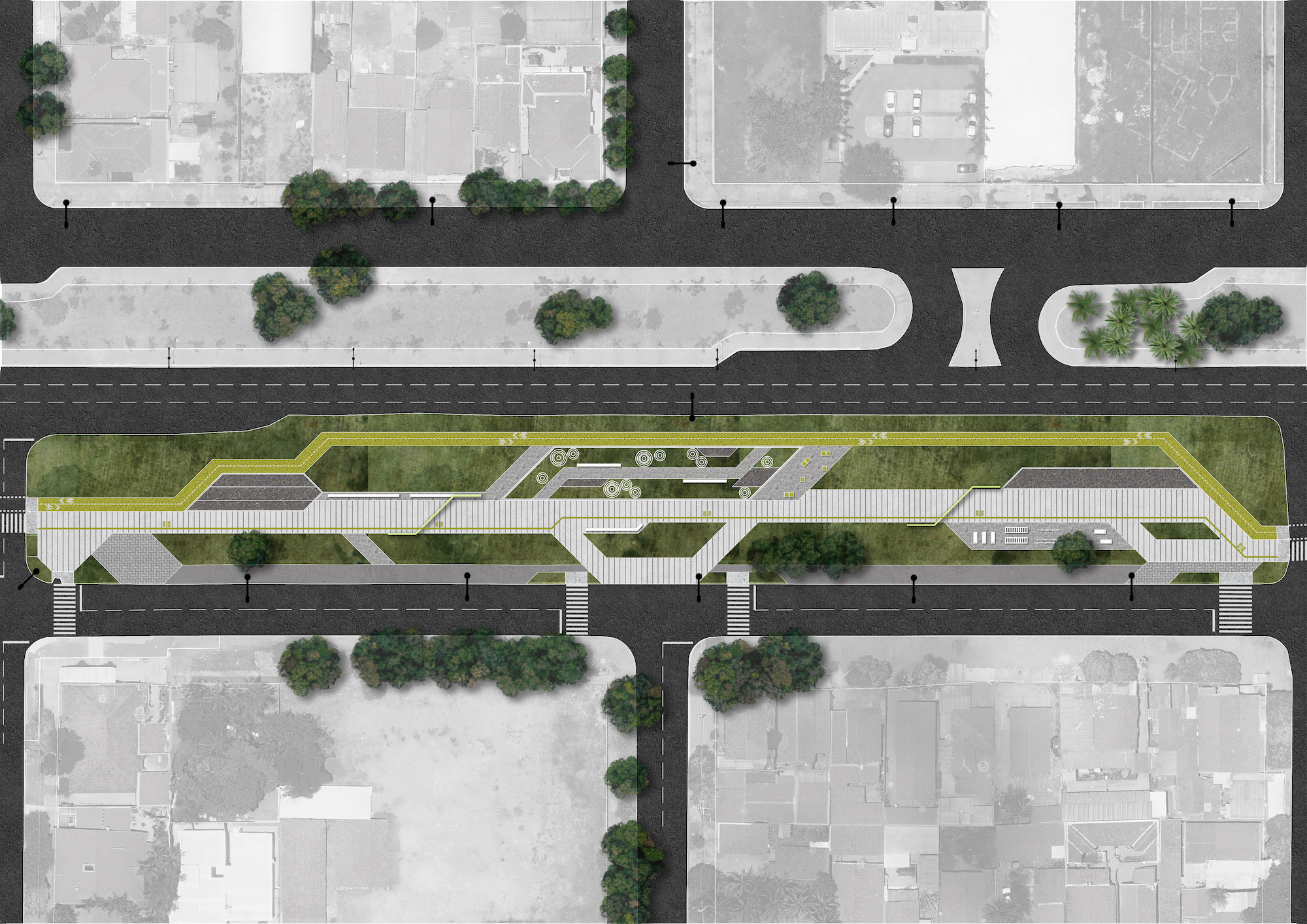 Planta da Quadra 04 do Parque Linear da Linha Férrea, que possui bancos, jardins, áreas caminháveis e ciclovia