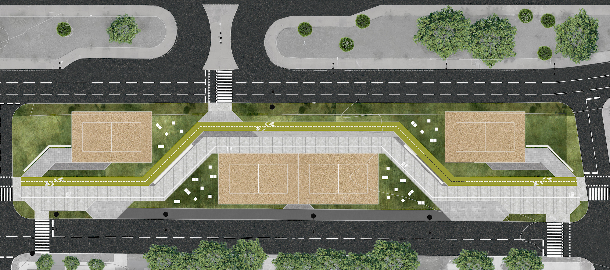 Planta da Quadra 06 do Parque Linear da Linha Férrea, que possui bancos, jardins, áreas caminháveis,ciclovia e quadras