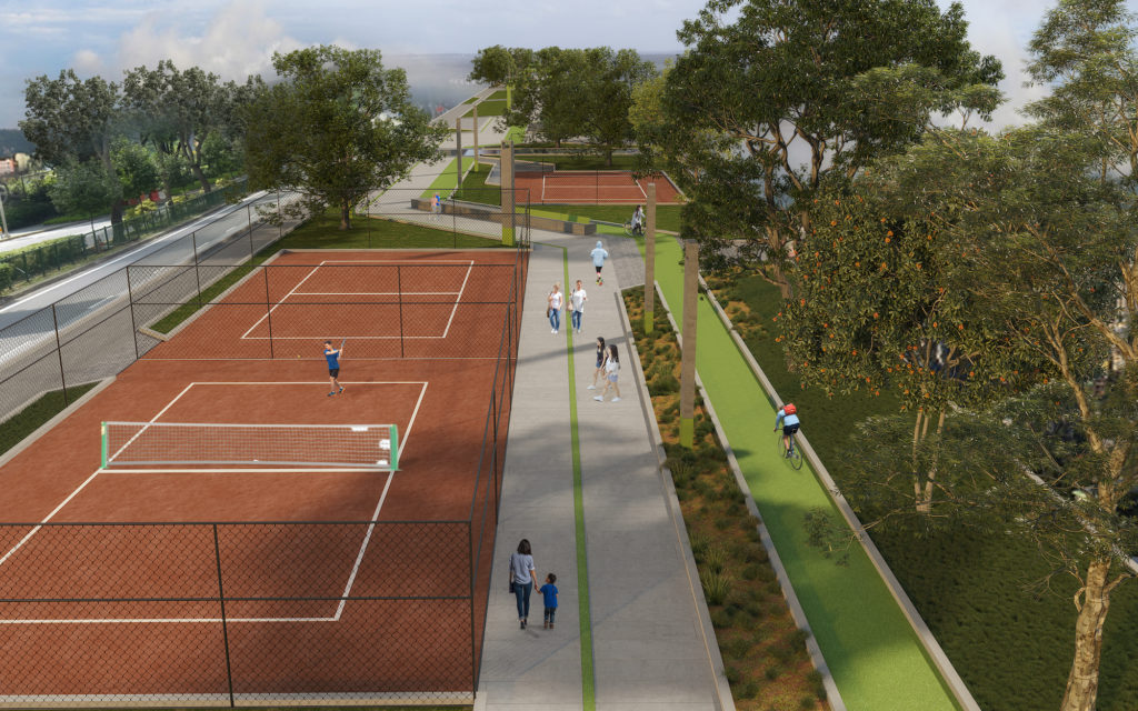 Imagem do projeto do Parque Linear da Linha Férrea, que mostra uma área com quadras para prática de esortes, com uma área caminhável, ciclovia e jardins
